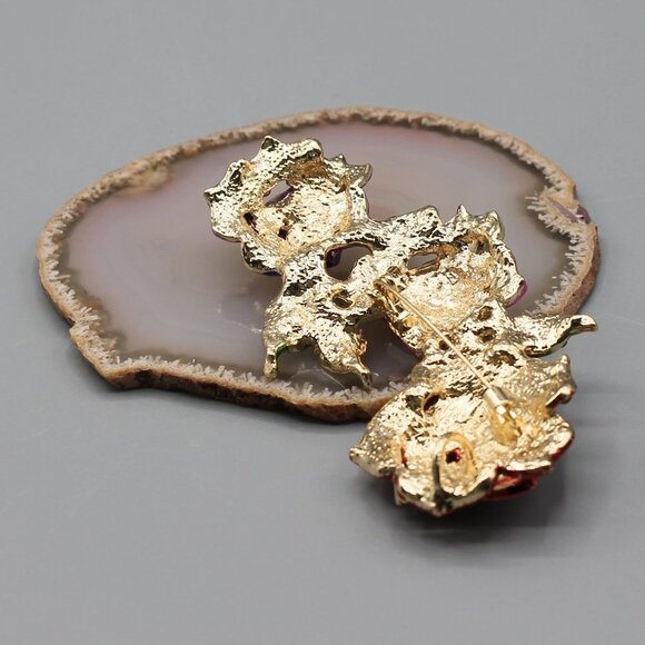 Jewelry pin brooch rose roses flower large gold tone pink red purple fashion - Picture 8 of 12